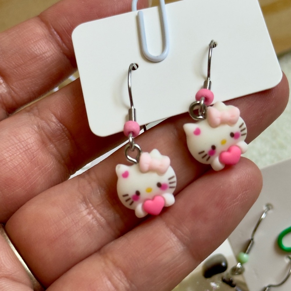 Cute Pink and White Kitty Heart Drop Earrings for Kids